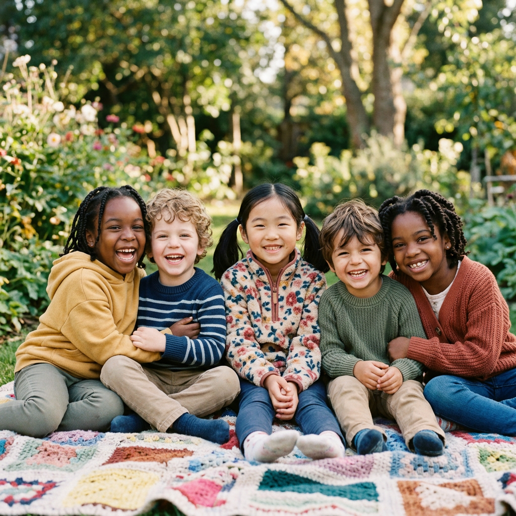Five smiling children sitting on a patchwork blanket outdoors surrounded by greenery