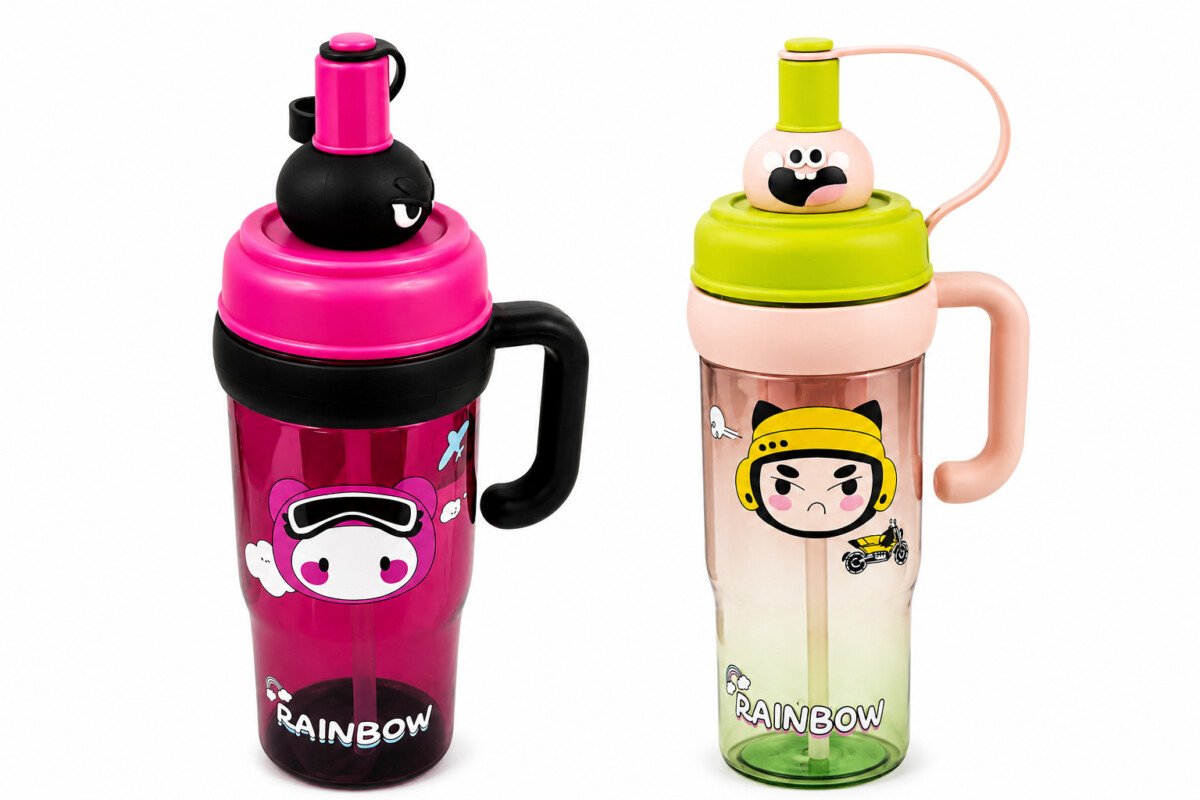 Cartoon Handle Water Bottle with Straw & Leakproof Lid