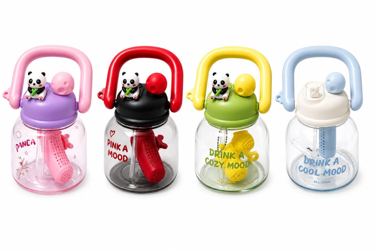 Cute Panda Glass Water Bottle with Tea Infuser & Straw