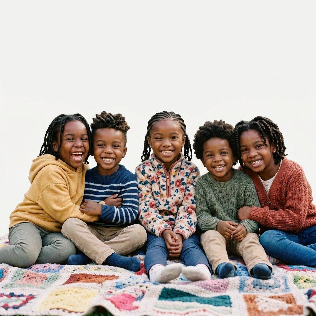 Five smiling children sitting on a patchwork blanket outdoors surrounded by greenery